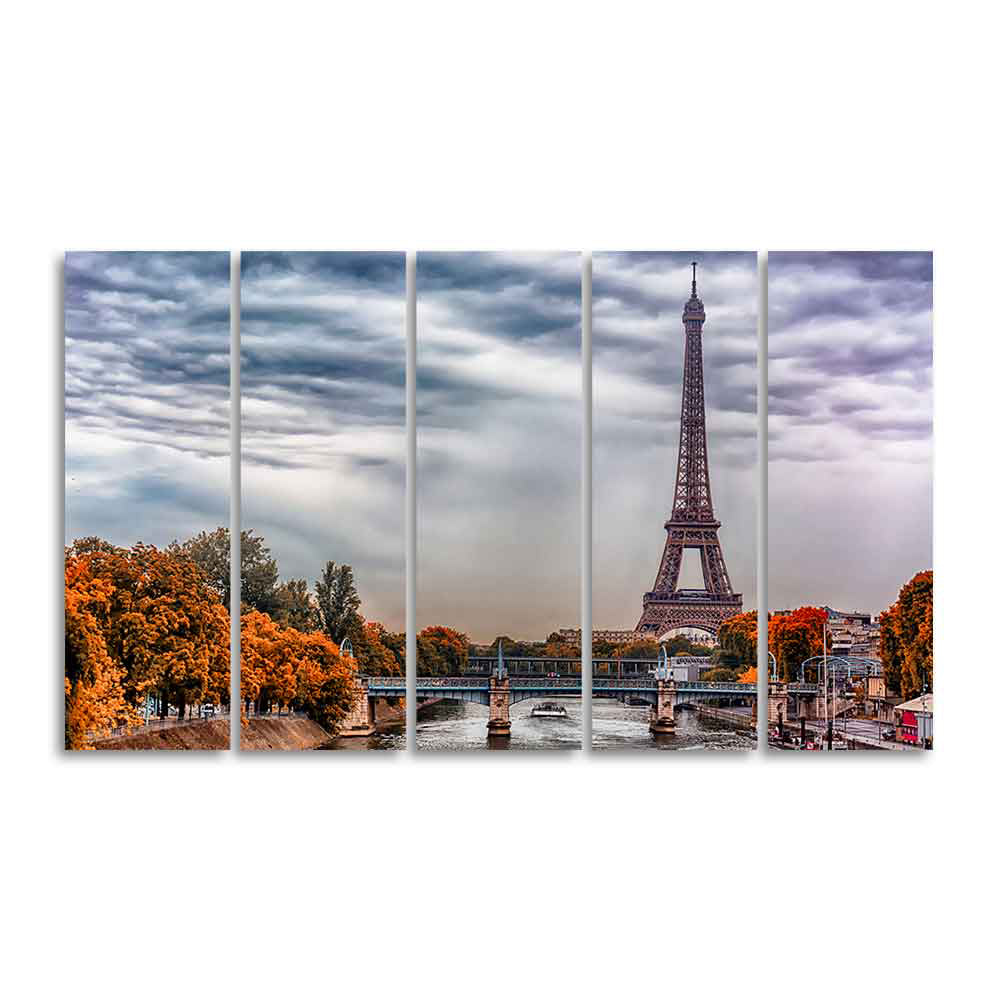 Eiffel Tower and Seine River Bedroom Wall Painting of Five Pieces