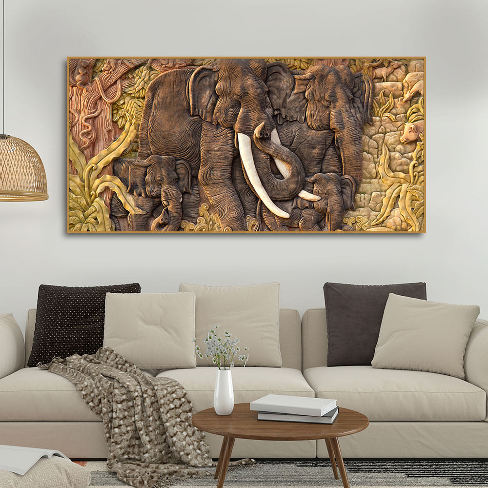 Elephant Family in the Forest Textured Art Premium Wall Painting