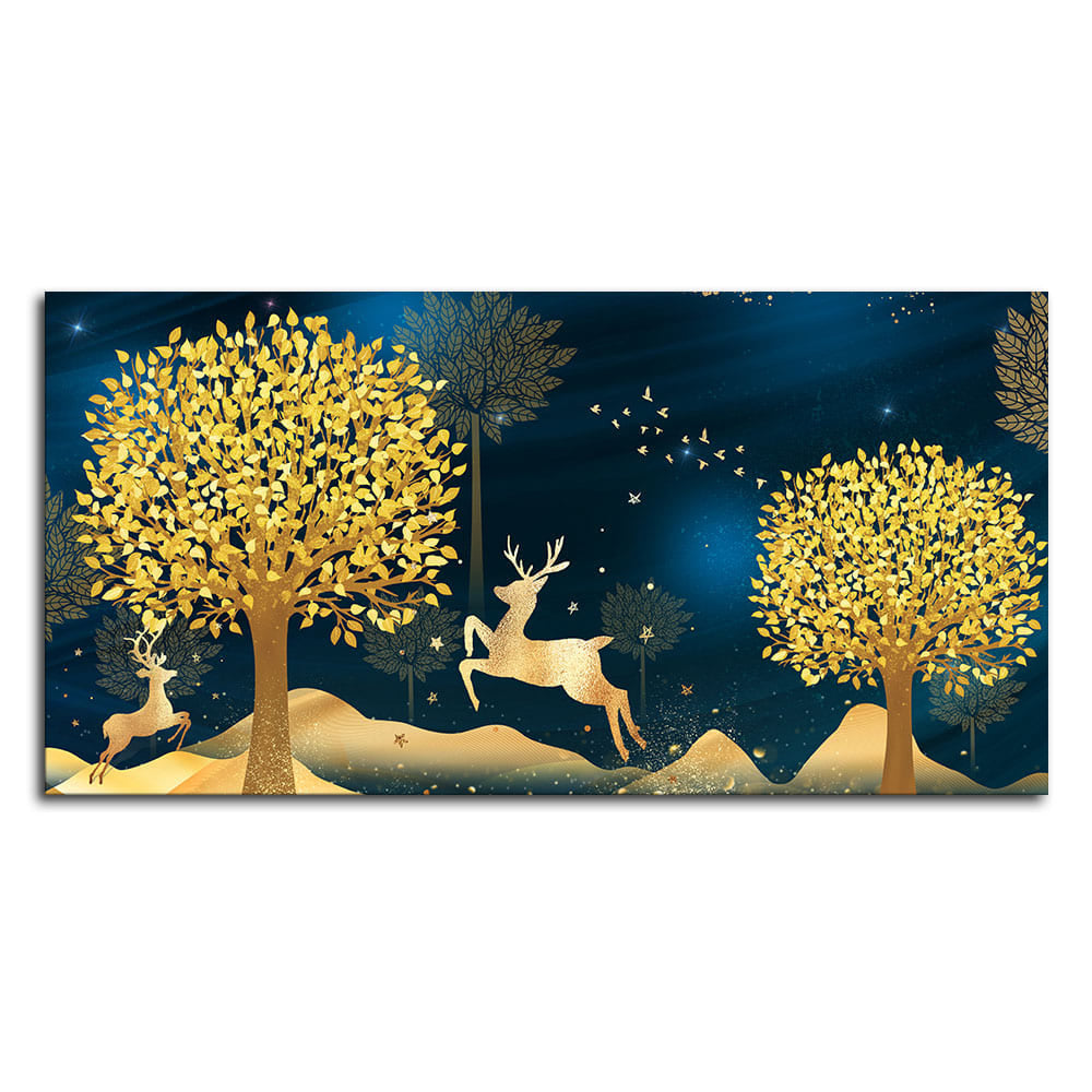 Golden Leaf Tree with Golden Deer Canvas wall Painting