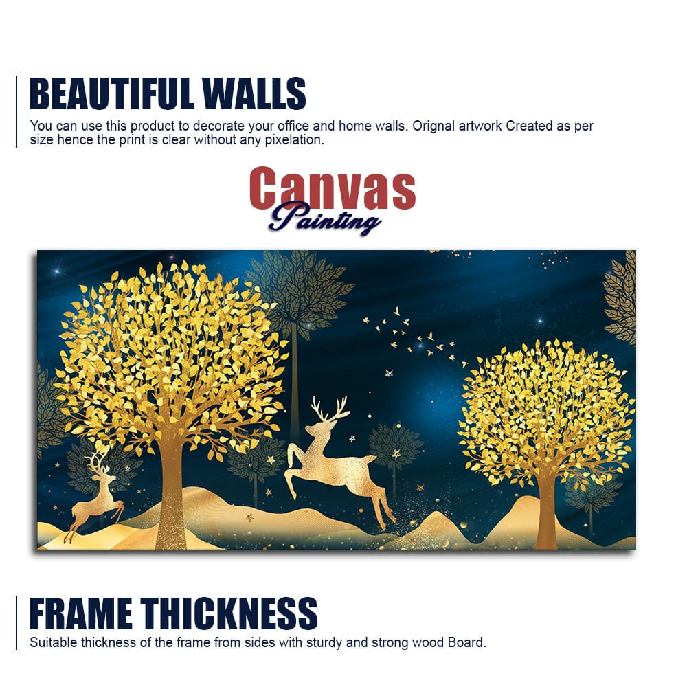 Golden Leaf Tree with Golden Deer Canvas wall Painting