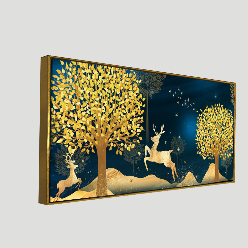 Golden Leaf Tree with Golden Deer Canvas wall Painting