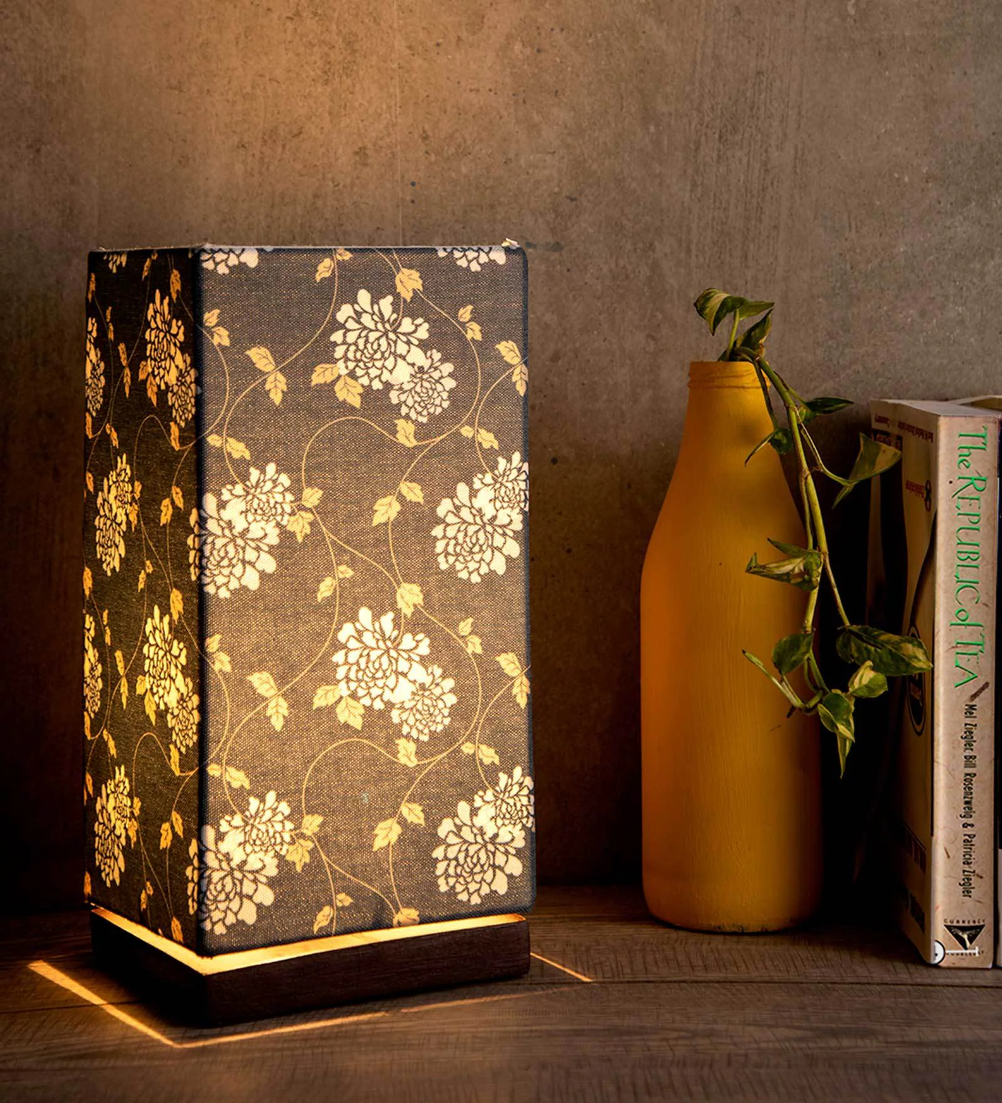 Golden Leaves Printed Table Lamp with Wooden Finish Base