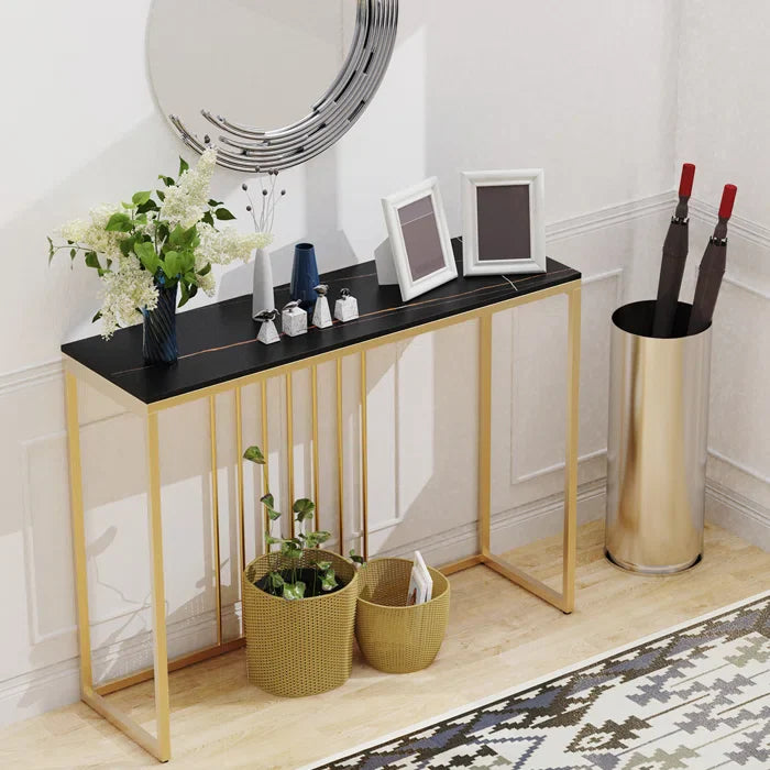 Golden Metallic Rectangular Shaped Black Marble Designer Console Table