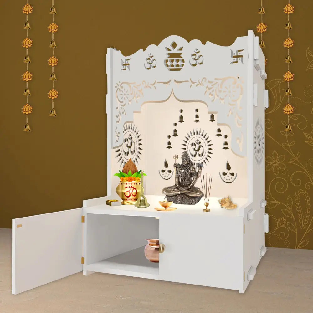 Holy Symbol Om Chakra Floor Temple with Spacious Wooden Shelf & Inbuilt Focus Light- White Finish