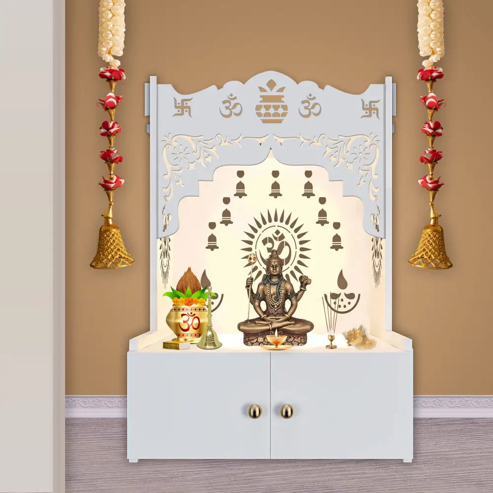 Holy Symbol Om Chakra Floor Temple with Spacious Wooden Shelf & Inbuilt Focus Light- White Finish