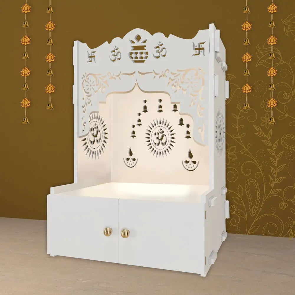 Holy Symbol Om Chakra Floor Temple with Spacious Wooden Shelf & Inbuilt Focus Light- White Finish