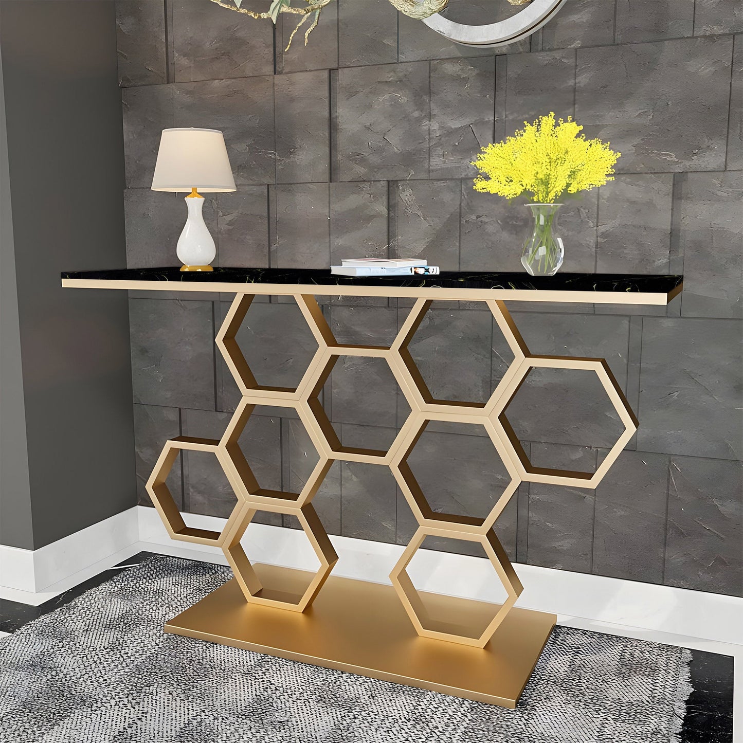 Honeycomb Motif Artistic Golden Finish Metal Console Table