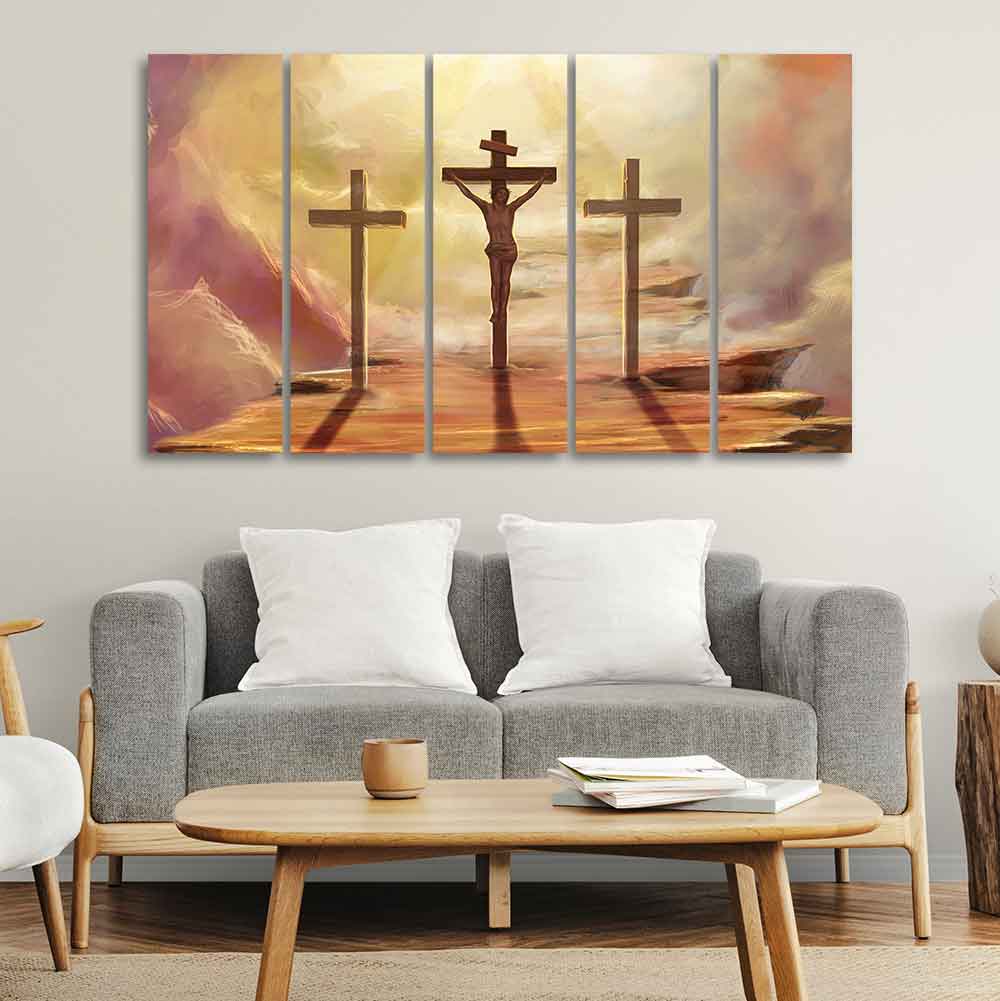 Jesus Cross with Moon Dark Background Five Pieces Canvas Wall Painting