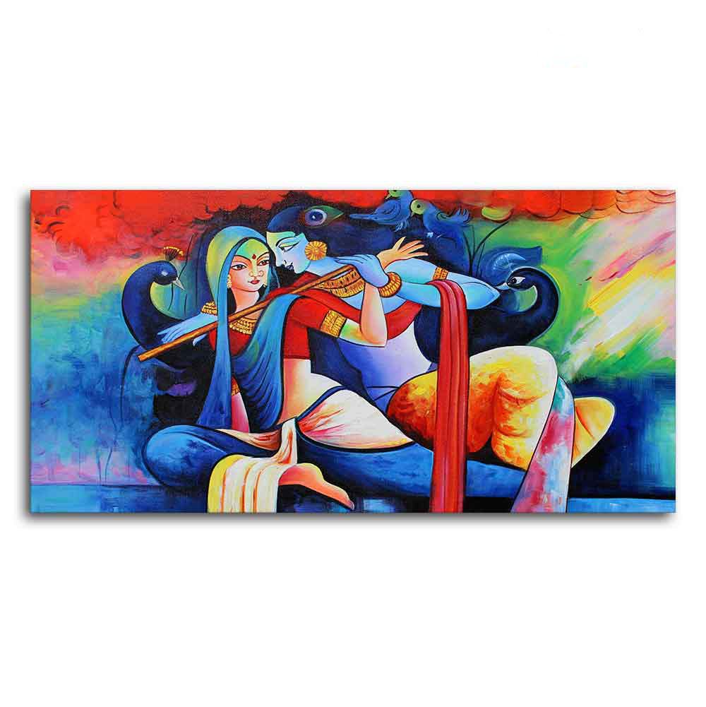 Lord Radha Krishan Playing Flute Canvas Wall Painting