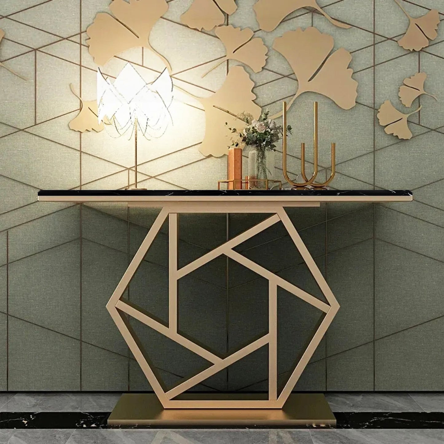 Luxurious Contemporary Console Table In Hexagonal Design with Black Marble