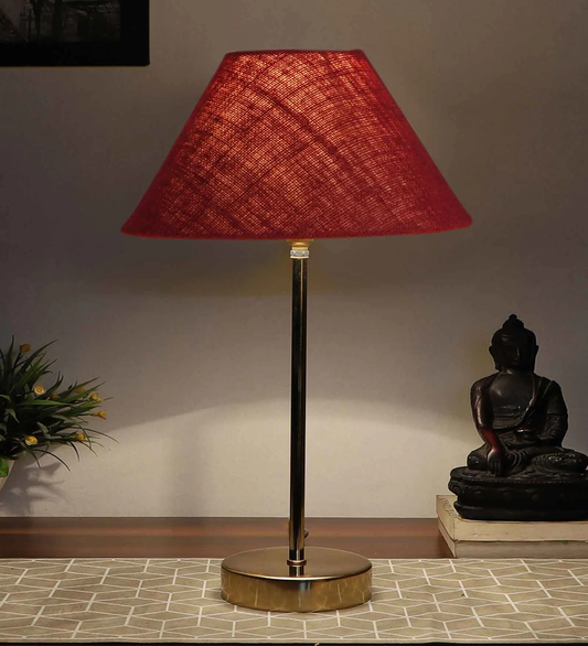 Maroon Solid Traditional Bedside Table Lamp with Golden Finish Base