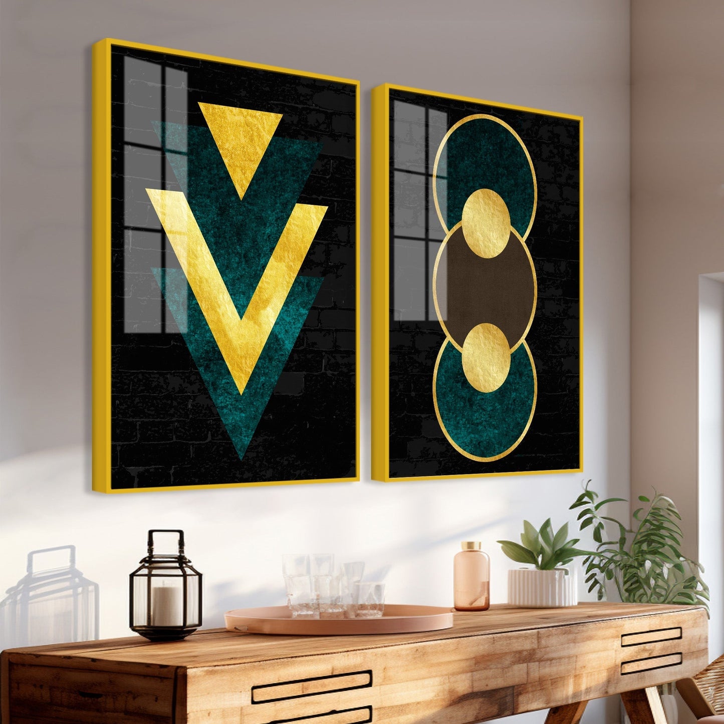 Modern Artistic Geometric Shapes Acrylic Floating Wall Painting Set Of 2