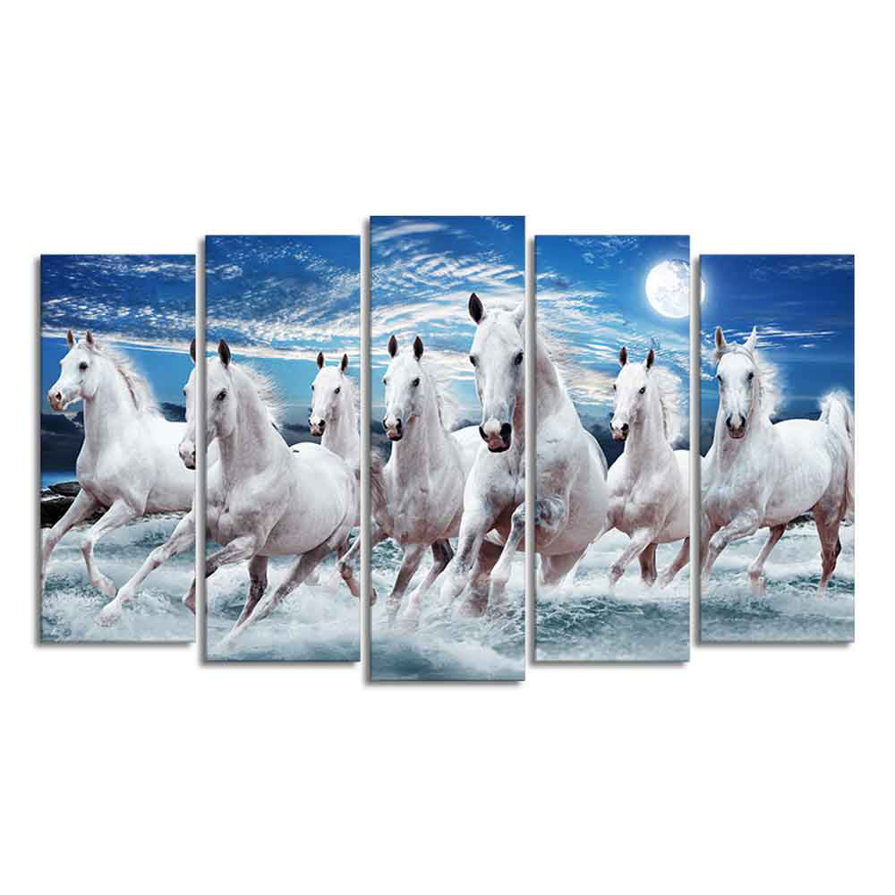 Seven Running Horses in Water Canvas Wall Painting of Five Pieces