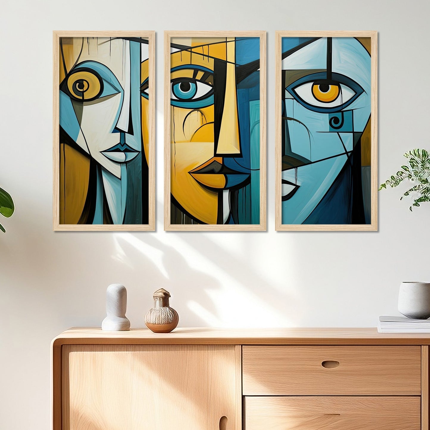 Street Face Art Abstract Creative Drawing Wooden Wall Frame Set of Three