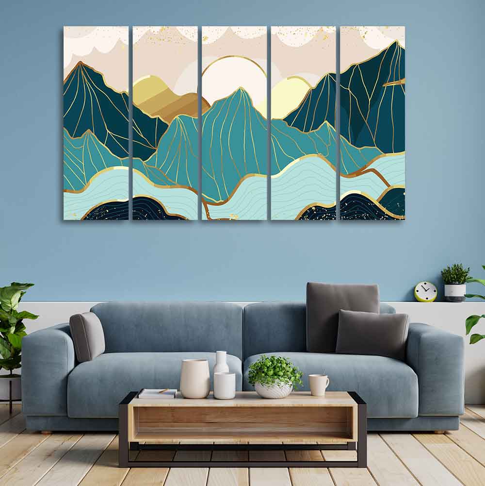 Sunrise Abstract Mountains 5 Pieces Premium Wall Painting