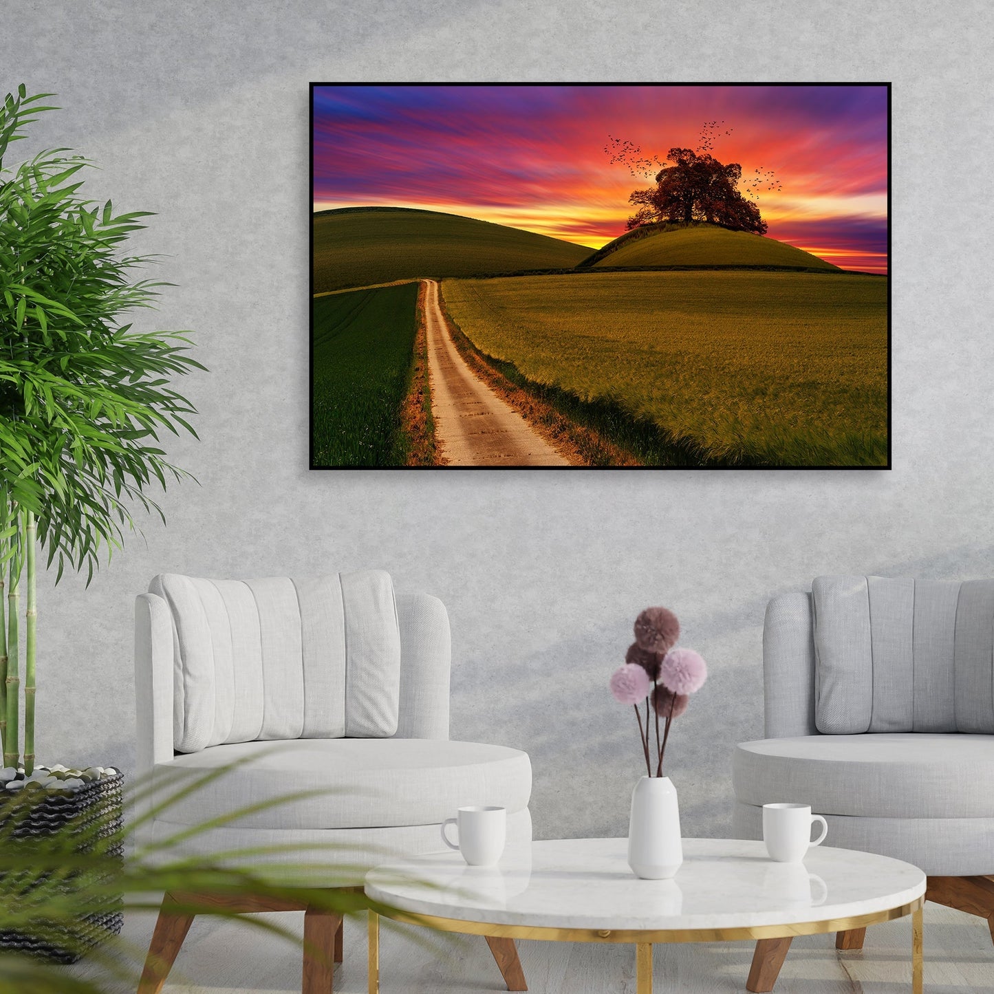 Sunset Grass Field Wall Painting Floating Canvas