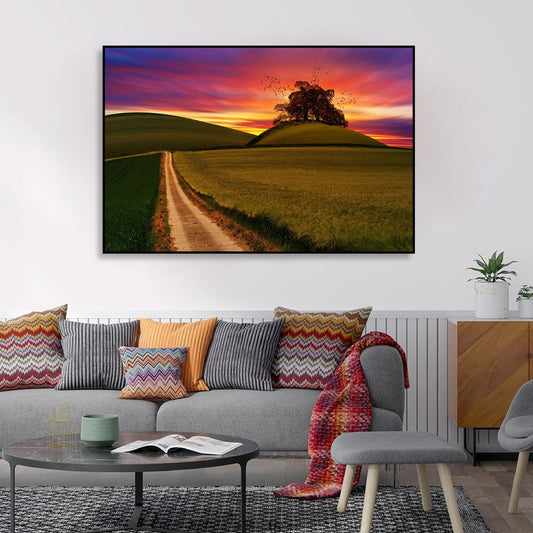 Sunset Grass Field Wall Painting Floating Canvas