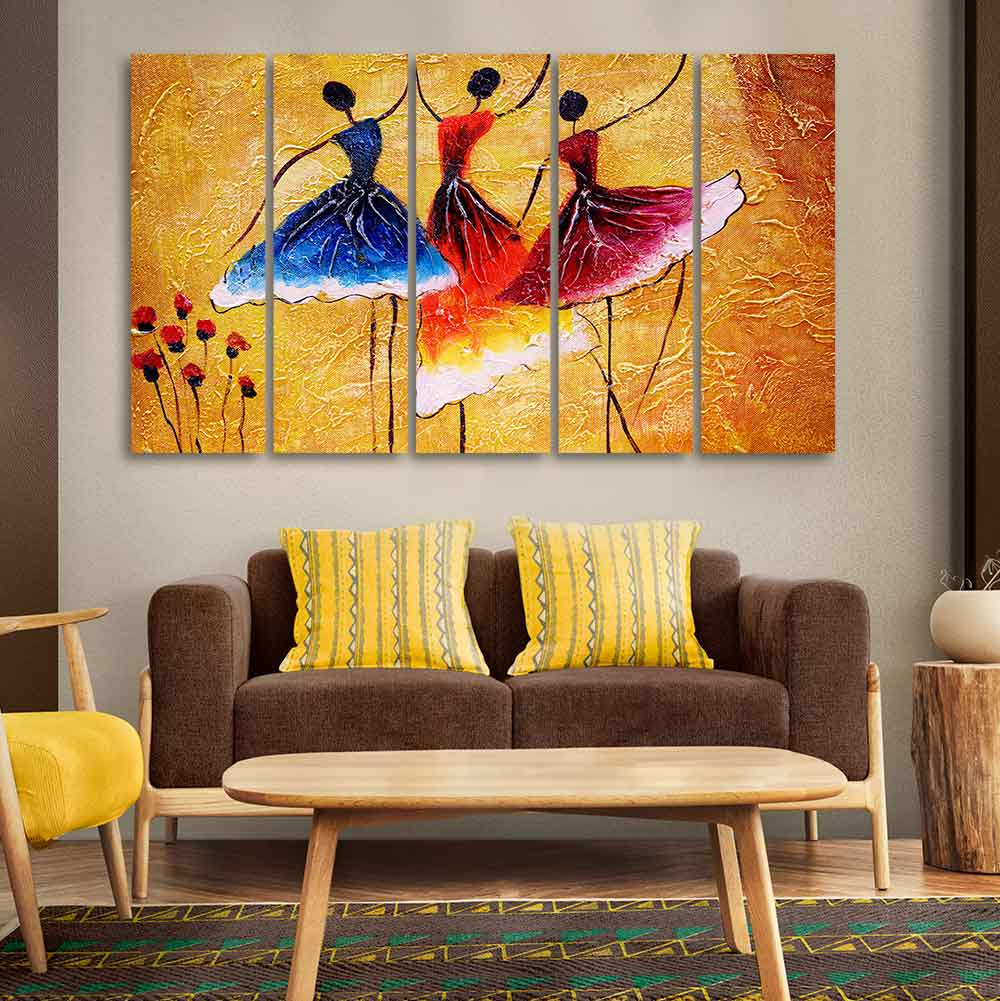 Three Women doing Dance 5 Pieces Premium Canvas Wall Painting