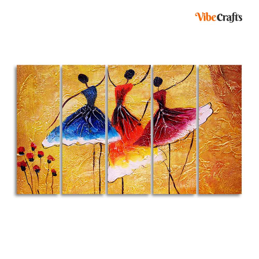 Three Women doing Dance 5 Pieces Premium Canvas Wall Painting