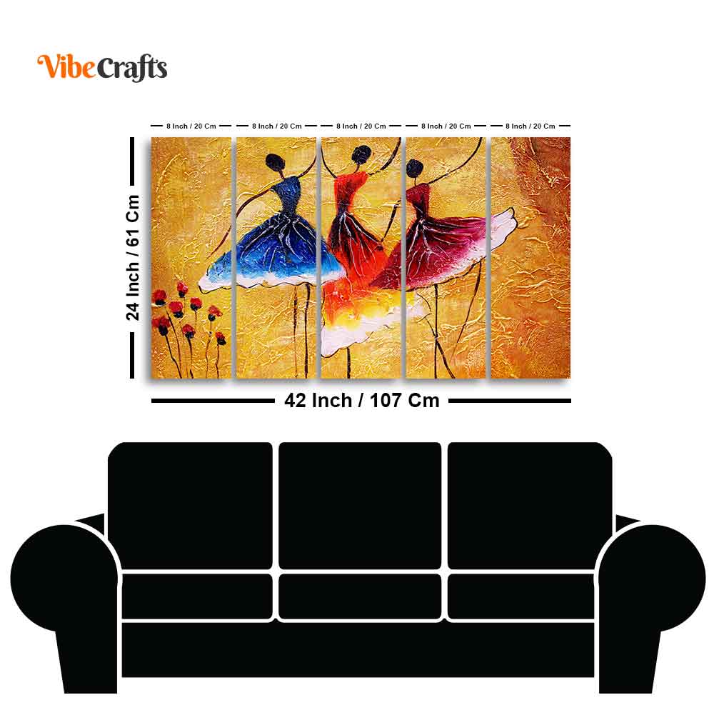 Three Women doing Dance 5 Pieces Premium Canvas Wall Painting