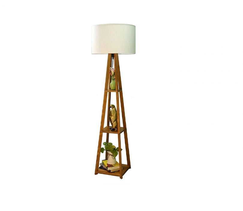 Tripod Beige Wooden Floor Lamp with Shelf Natural White Shade