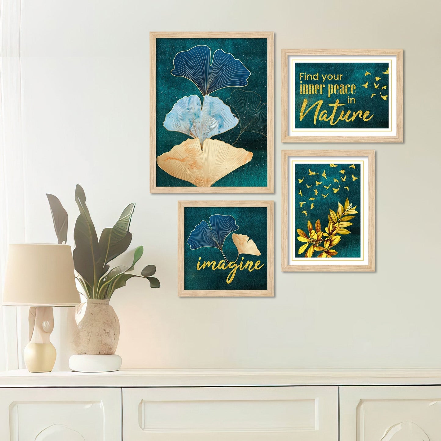 Turquoise Ginkgo Leaf Nature Art Wall Frame Set of Four