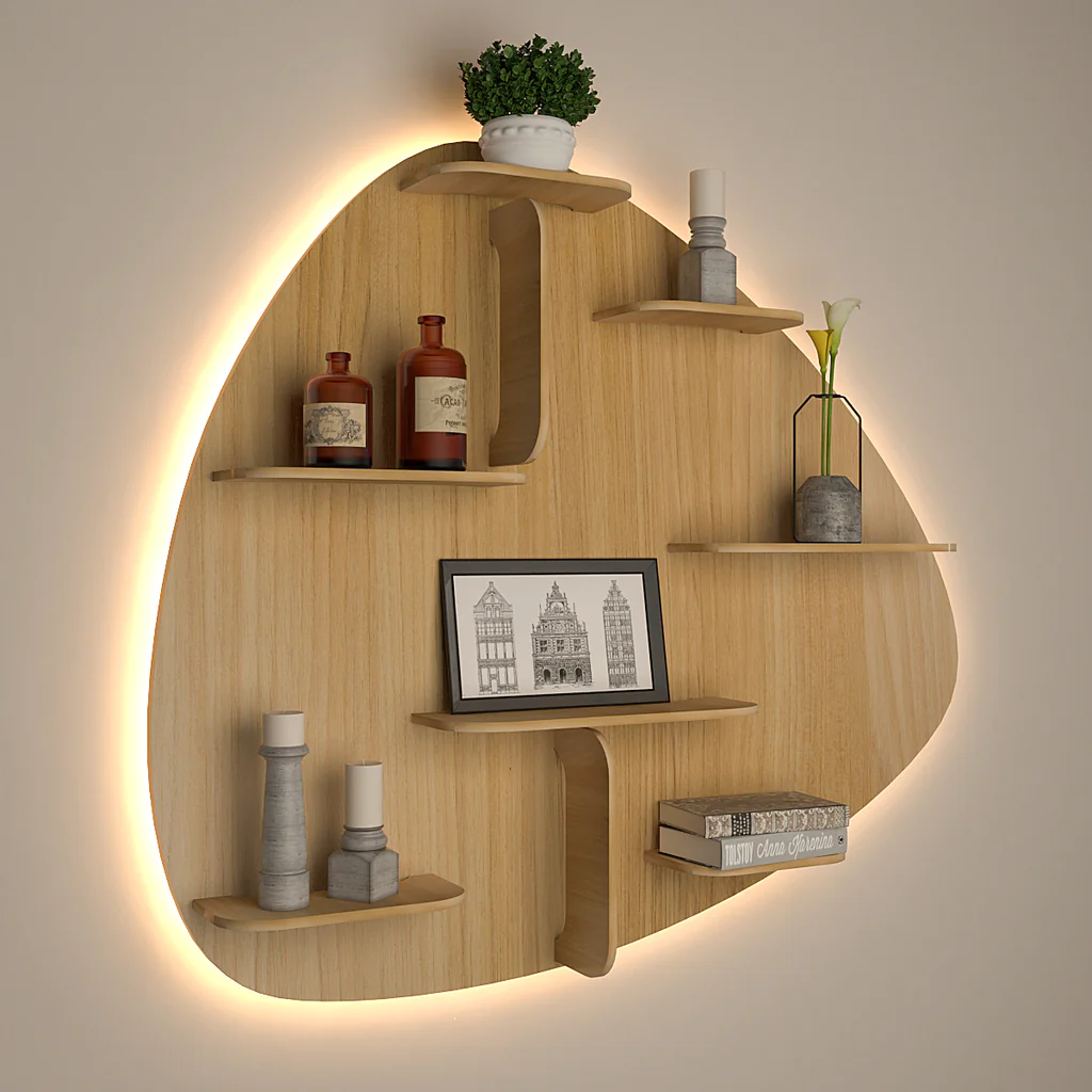 Abstract Shape Backlit Designer Wooden Wall Shelf / Book Shelf / Night Light, Light Oak Finish