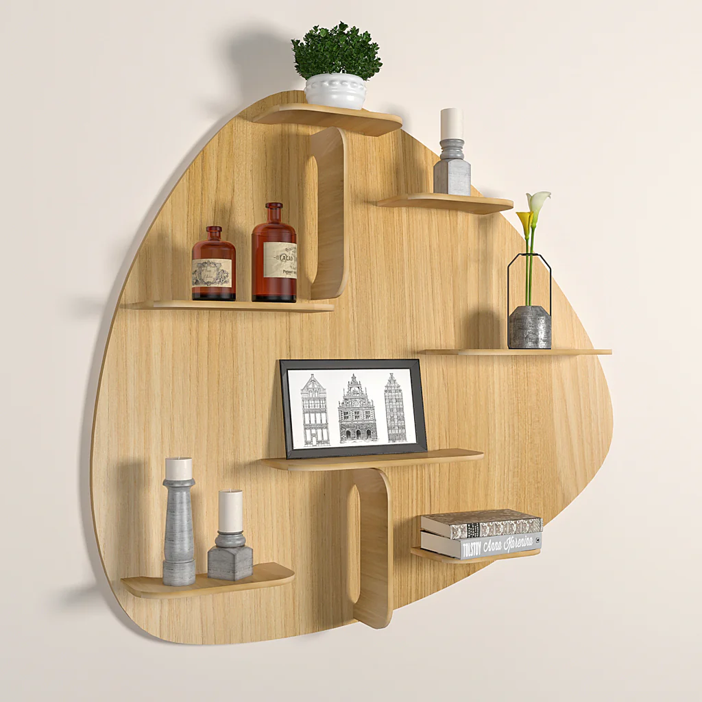 Abstract Shape Backlit Designer Wooden Wall Shelf / Book Shelf / Night Light, Light Oak Finish