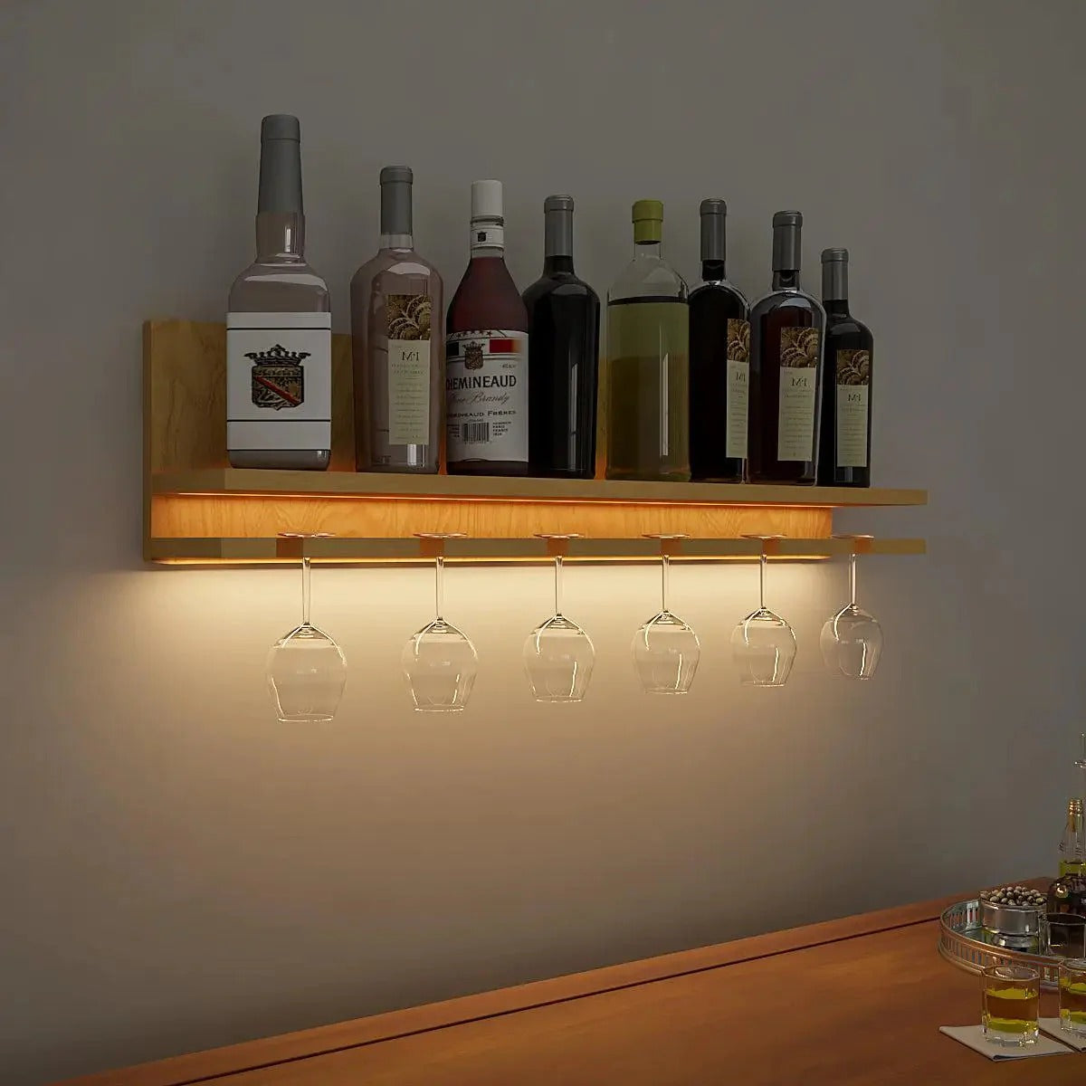 Aesthetic Backlit Look MDF Mini Bar Shelf in Light Oak Finish