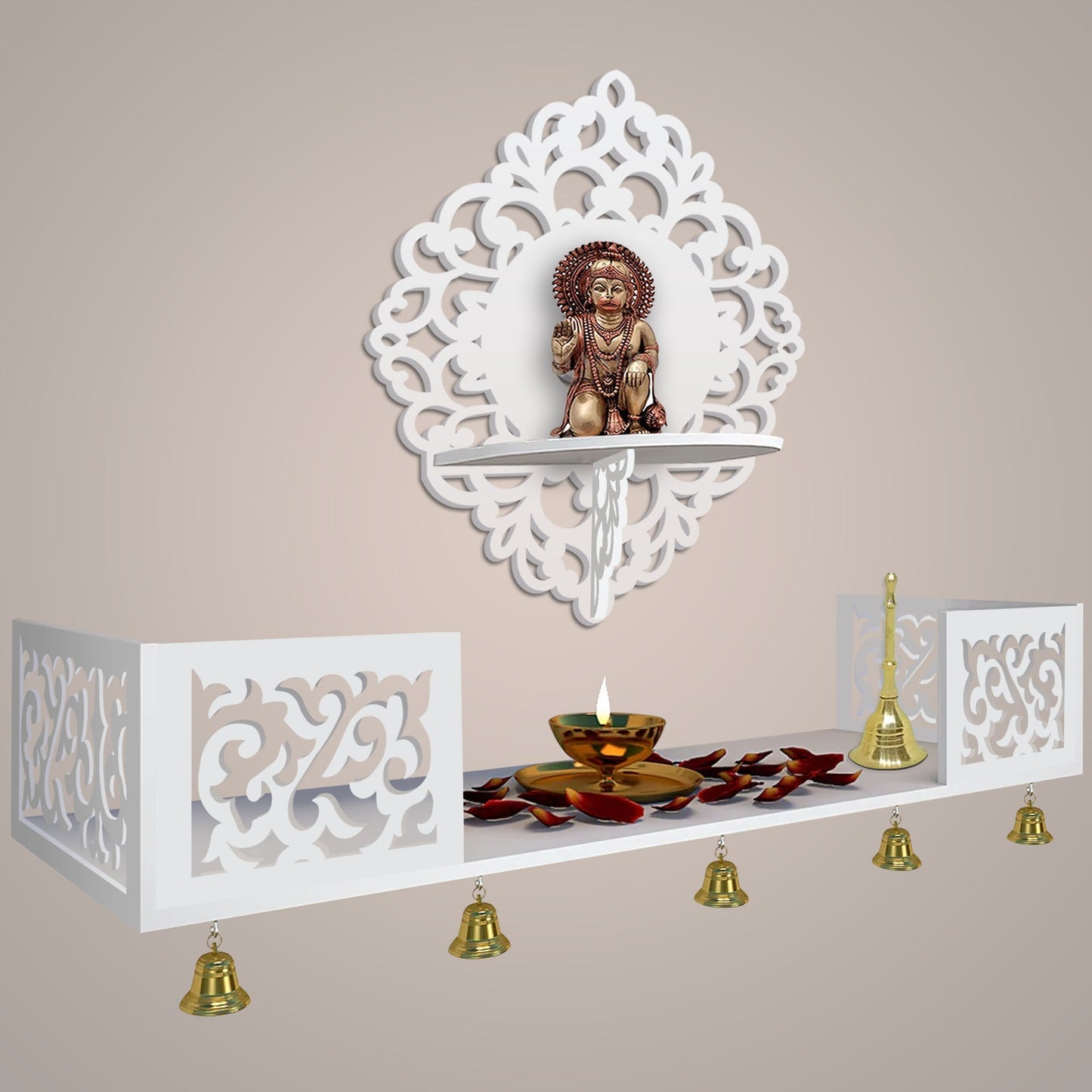 Aesthetic Designer  Wall Hanging Wooden Temple/ Pooja Mandir Design with Shelf, White Color