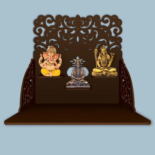 Aesthetic Designer Art Wall Hanging Wooden Temple/ Pooja Mandir Design with Shelf, Brown Color