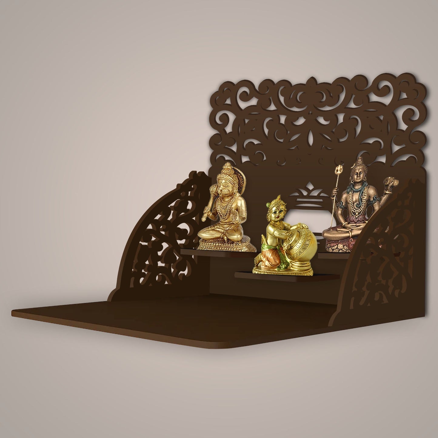 Aesthetic Designer Art Wall Hanging Wooden Temple/ Pooja Mandir Design with Shelf, Brown Color