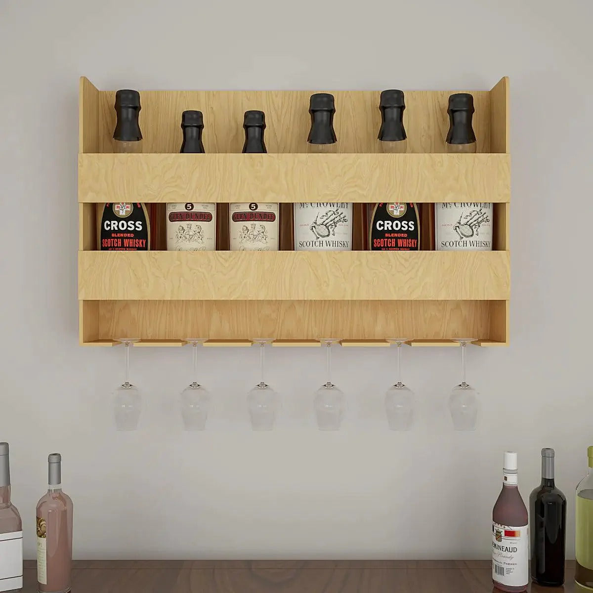 Aesthetic Look Backlit Wall Mounted Mini Bar Shelf in Light Oak Finish