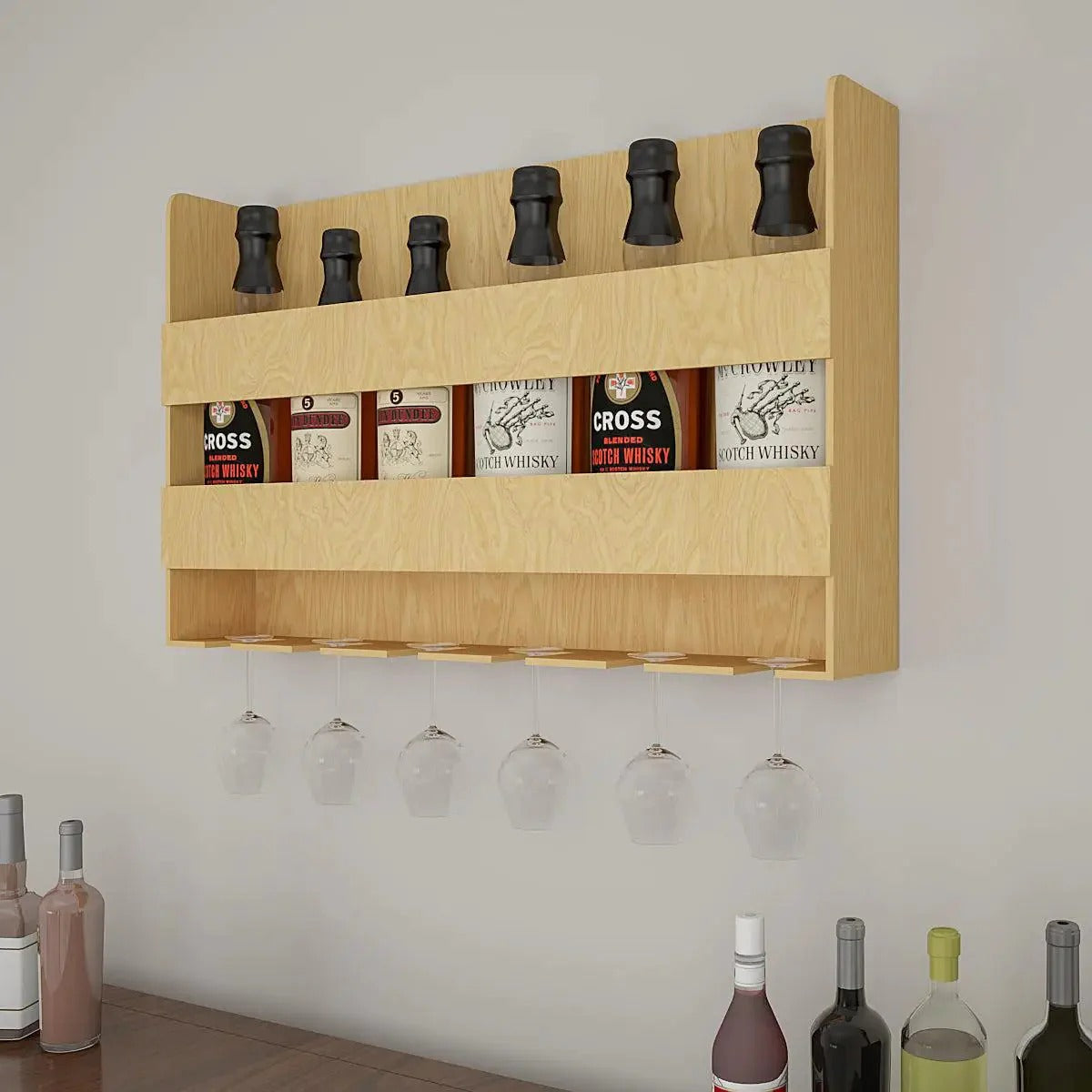 Aesthetic Look Backlit Wall Mounted Mini Bar Shelf in Light Oak Finish