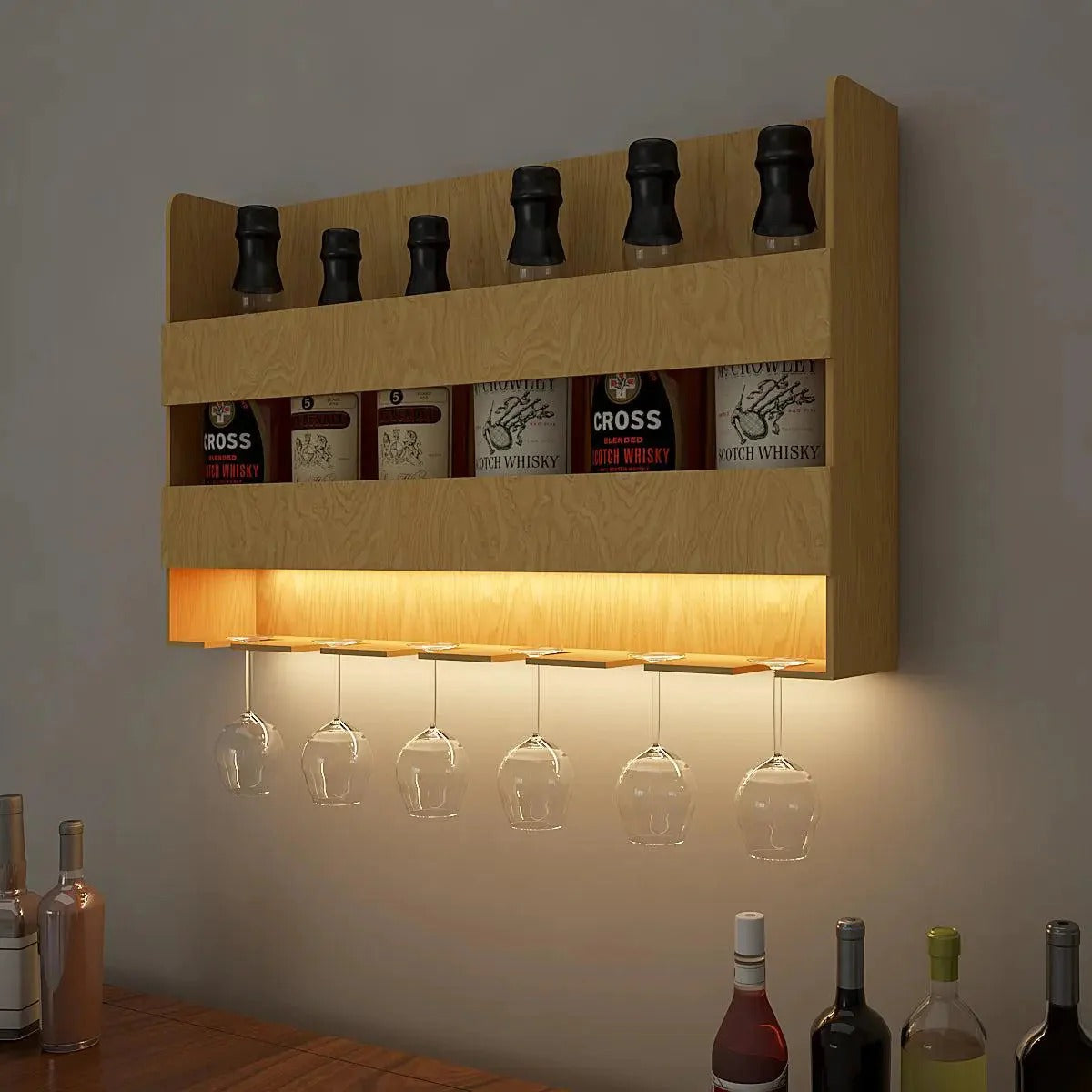 Aesthetic Look Backlit Wall Mounted Mini Bar Shelf in Light Oak Finish