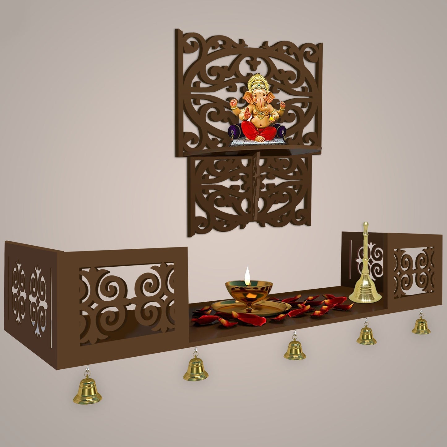 Aesthetic Pattern Designer Square Shaped Wall Hanging Wooden Temple/ Pooja Mandir Design with Shelf, Brown Color