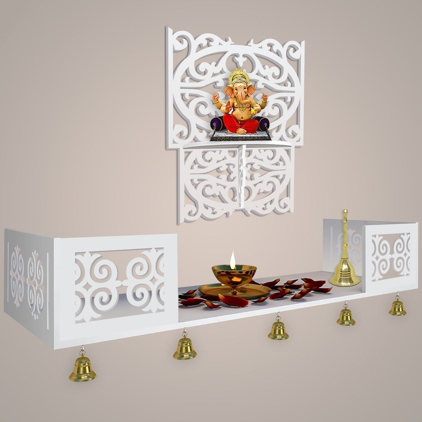 Aesthetic Pattern Designer Square Shaped Wall Hanging Wooden Temple/ Pooja Mandir Design with Shelf, White Color