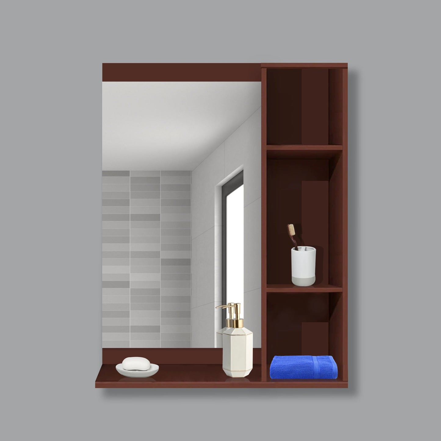 Aesthetic Wooden Bathroom Cabinet Mirror with 4 Spacious Shelves with Solid Brown Finish