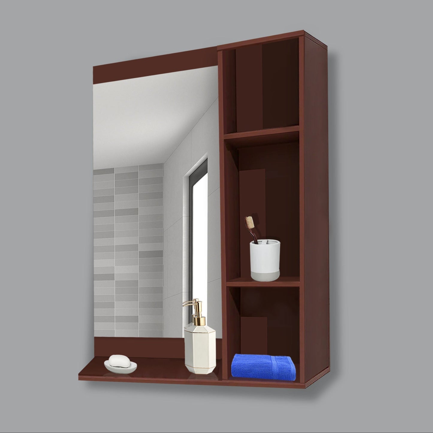 Aesthetic Wooden Bathroom Cabinet Mirror with 4 Spacious Shelves with Solid Brown Finish