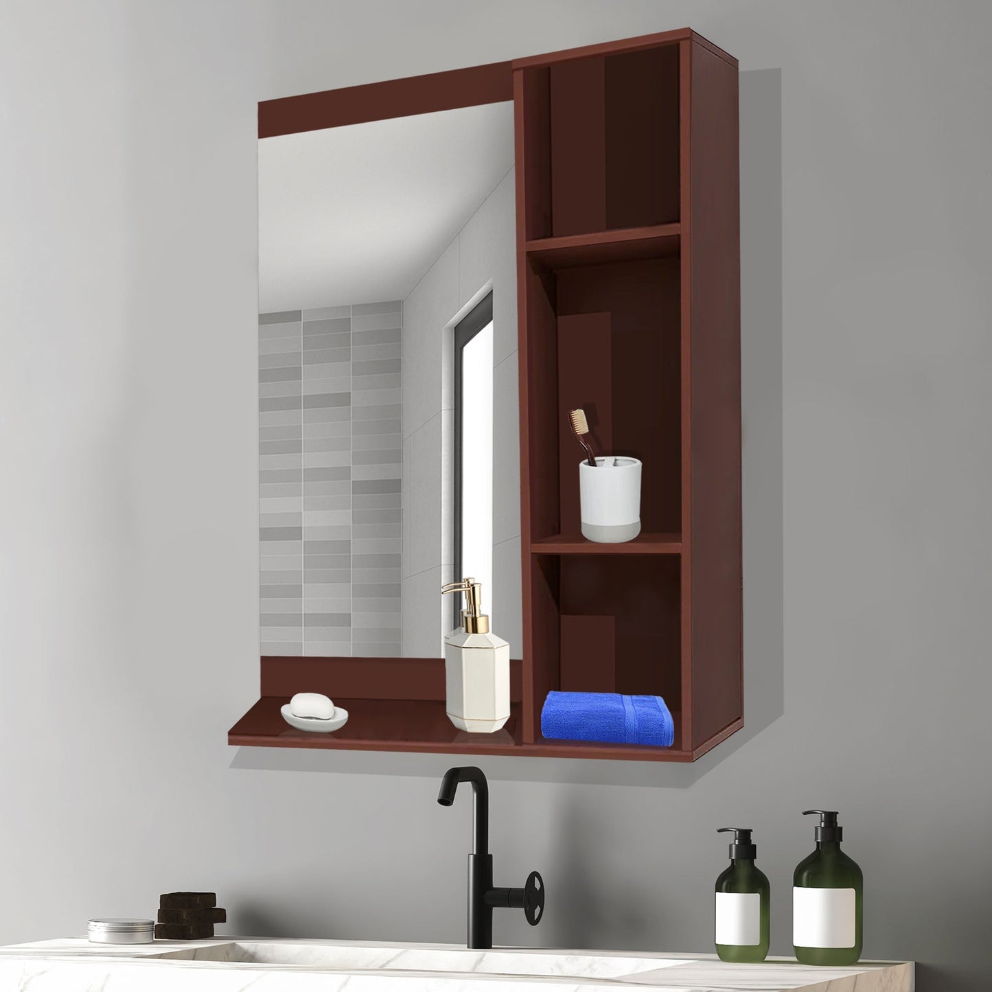 Aesthetic Wooden Bathroom Cabinet Mirror with 4 Spacious Shelves with Solid Brown Finish