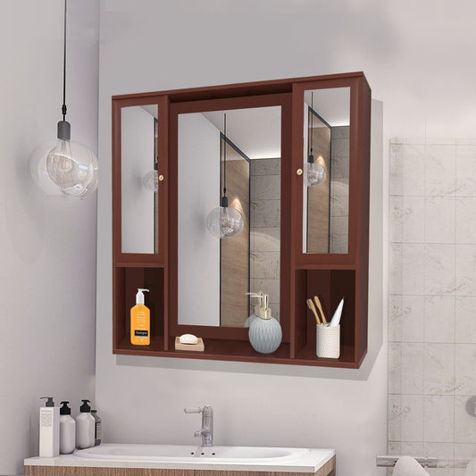 Aesthetic Wooden Bathroom Cabinet Mirror with 7 Spacious Shelves Finish Solid Brown