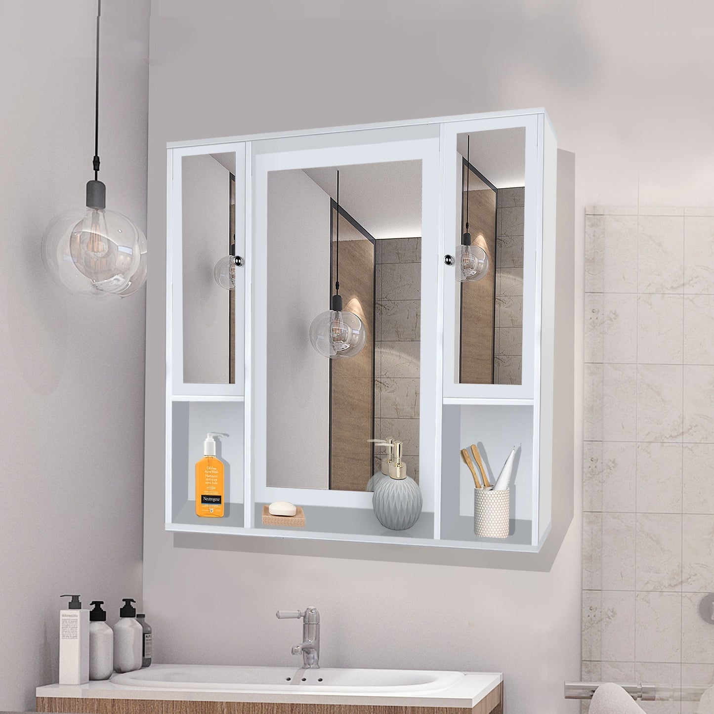 Aesthetic Wooden Bathroom Cabinet Mirror with 7 Spacious Shelves with White Finish