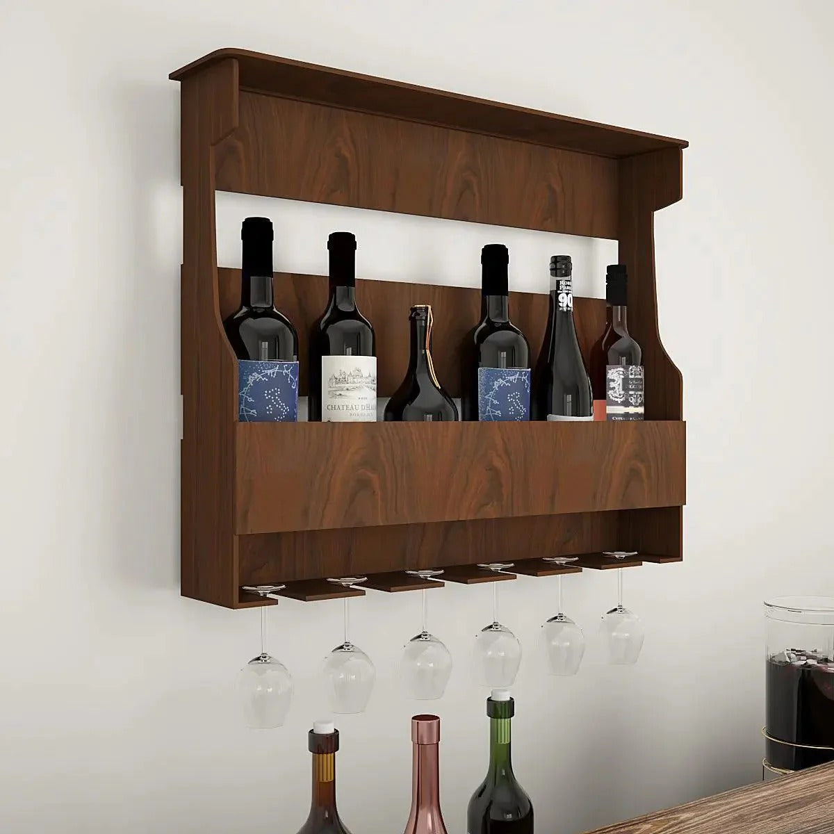 Backlit Design MDF Bar Wall Shelf / Mini Bar Shelf in Walnut Finish