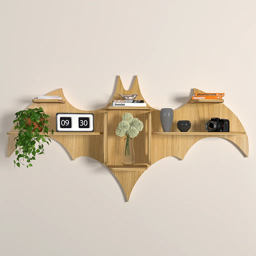 Bat Shape Backlit Designer Wooden Wall Shelf Book Shelf Night Light, Light Oak Finish