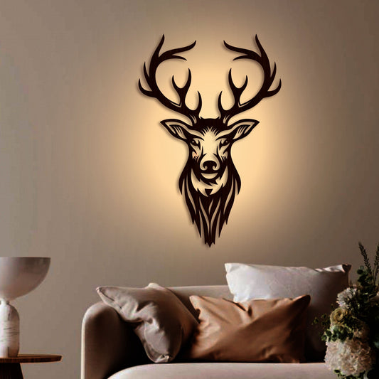 Beautiful Deer Head Premium Backlit Wooden Wall Hanging with LED Night Light Walnut Finish