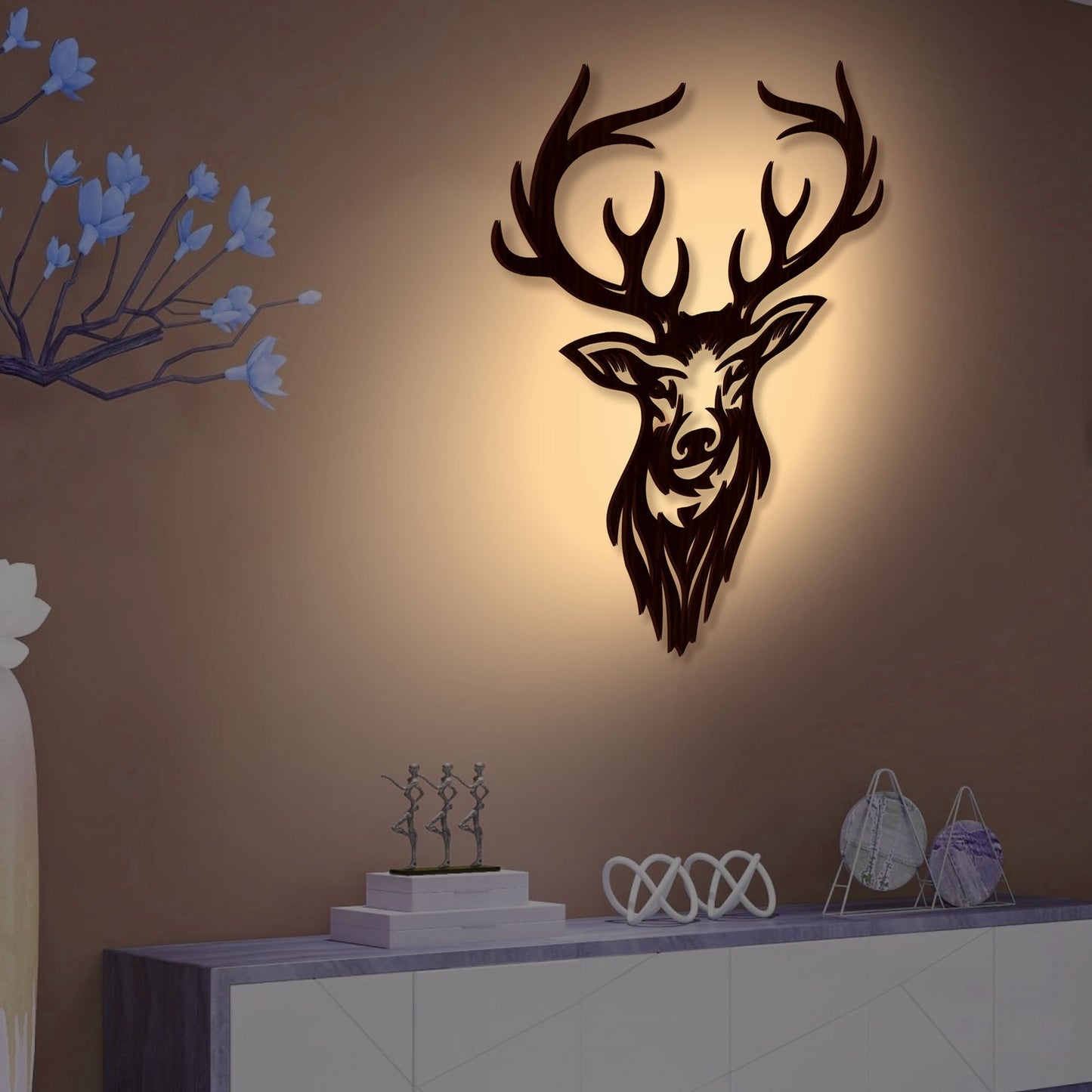 Beautiful Deer Head Premium Backlit Wooden Wall Hanging with LED Night Light Walnut Finish