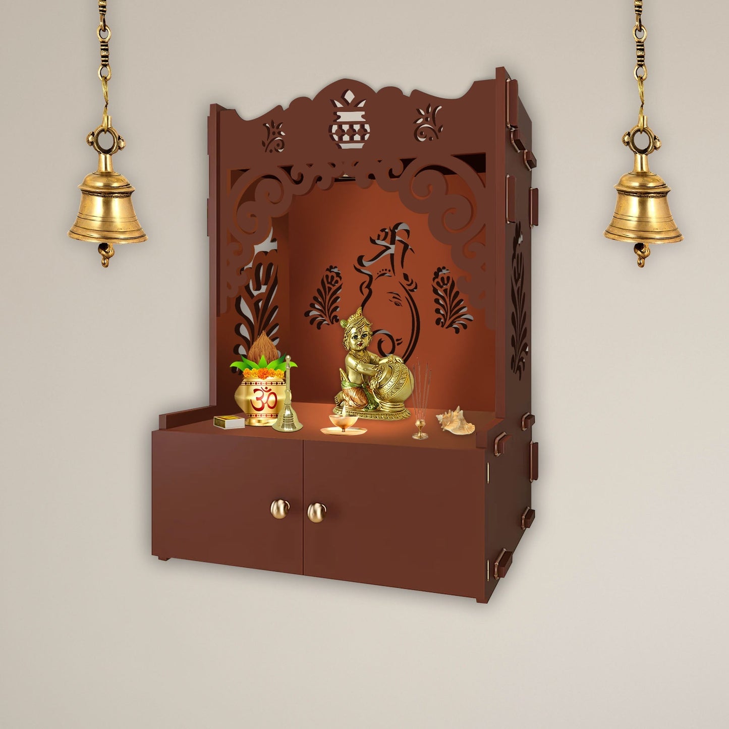 Beautiful Design of Lord Ganesh Brown Wooden Wall Temple for Home With Inbuilt focus Lights & Spacious Shelf