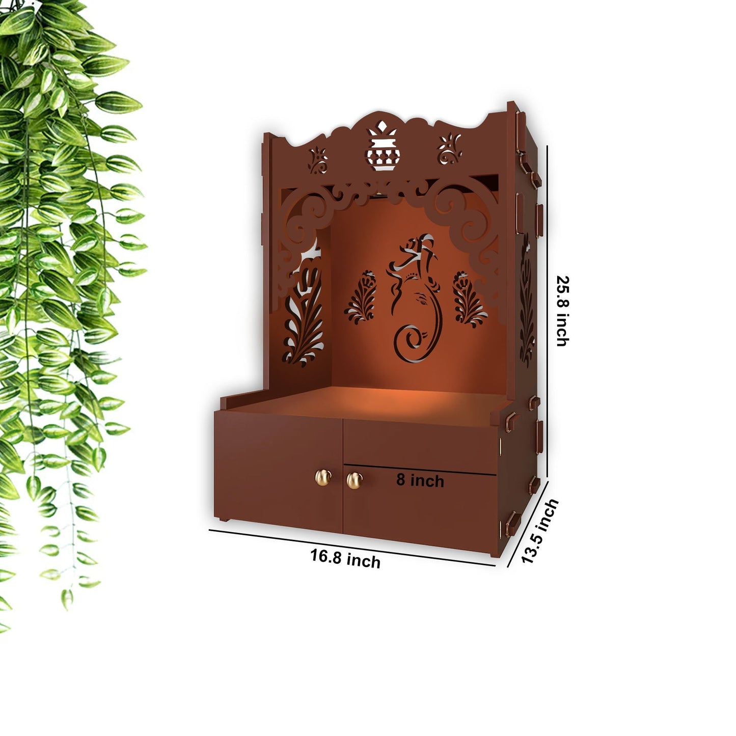 Beautiful Design of Lord Ganesh Brown Wooden Wall Temple for Home With Inbuilt focus Lights & Spacious Shelf