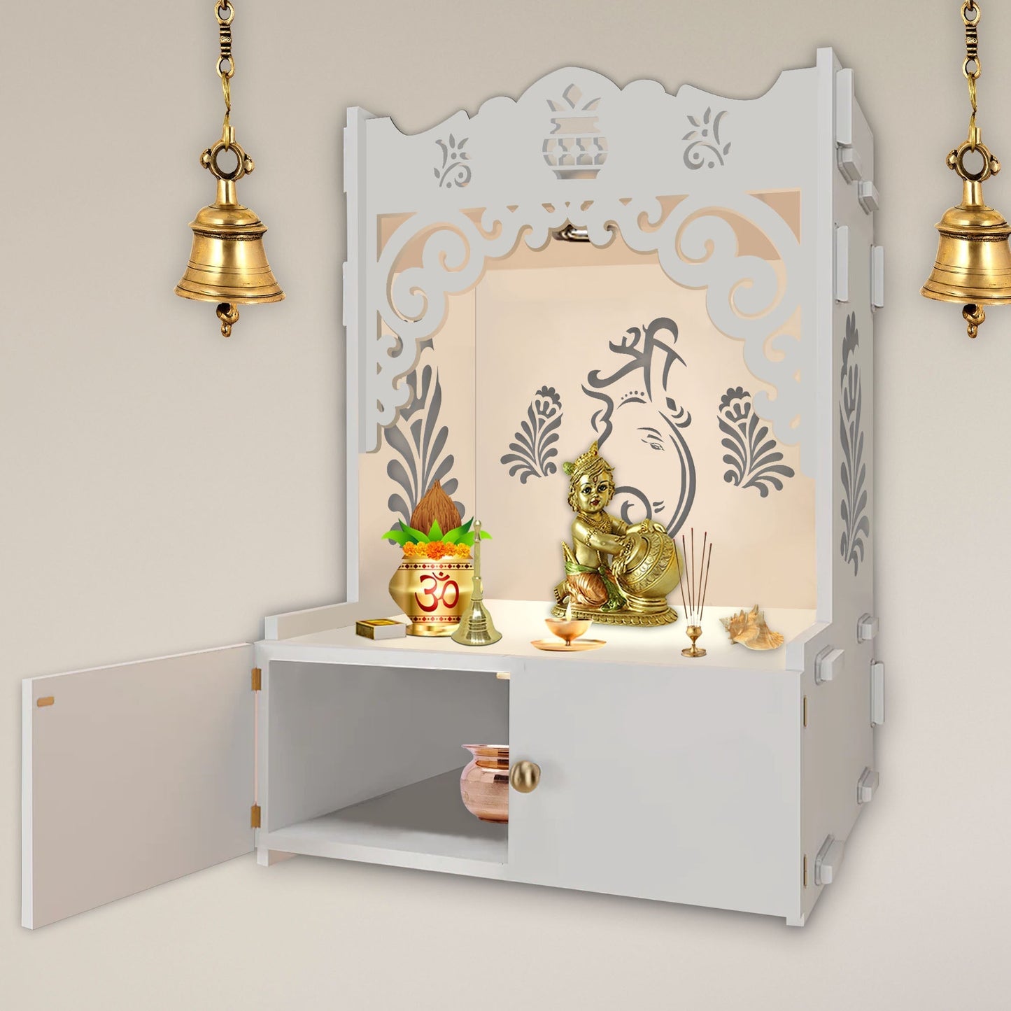 Beautiful Design of Lord Ganesh White Wooden Wall Temple for Home With Inbuilt focus Lights & Spacious Shelf