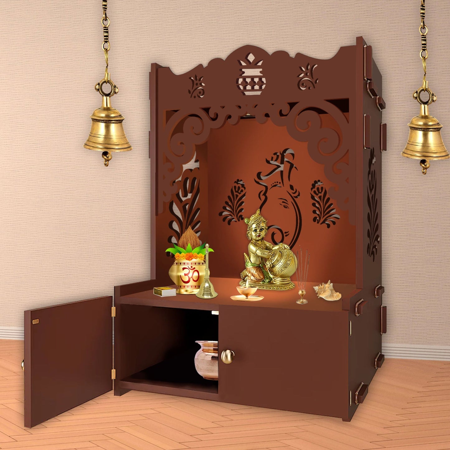 Beautiful Design of Shri Ganesh Floor Temple with Spacious Wooden Shelf & Inbuilt Focus Light- Brown Finish